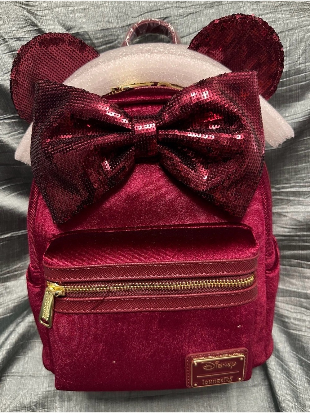 Loungefly Disney Minnie Burgundy Velvet Sequin Bow Mini Backpack -